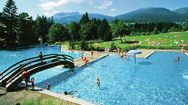 A swimming pool with a bridge, surrounded by greenery and mountains in the background. - Apartment in Riezlern Near Ski Slope (Mittelberg)
