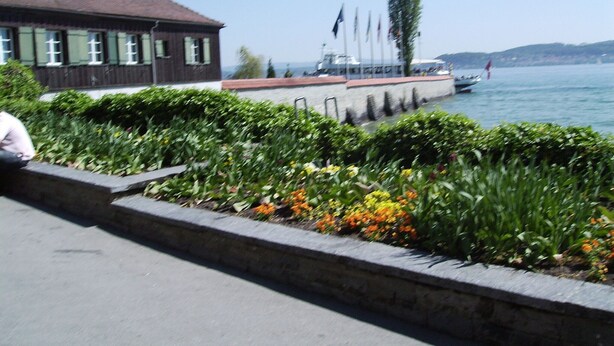 En strandpromenad med en stengallergång, en rad flaggor och en byggnad med gröna fönsterluckor.