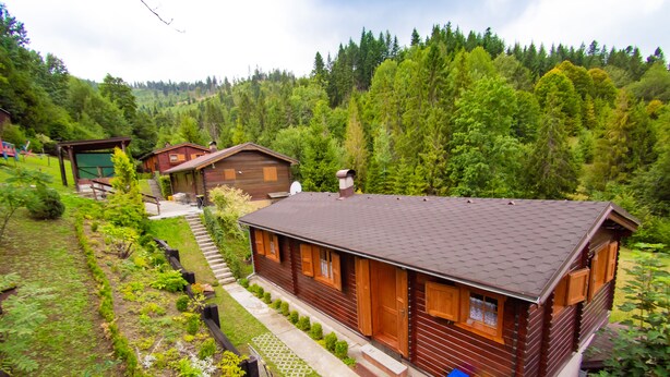 A wooden cabin with a sloped roof, surrounded by lush greenery and a forested hillside. - Drevenice Oscadnica (Oscadnica)