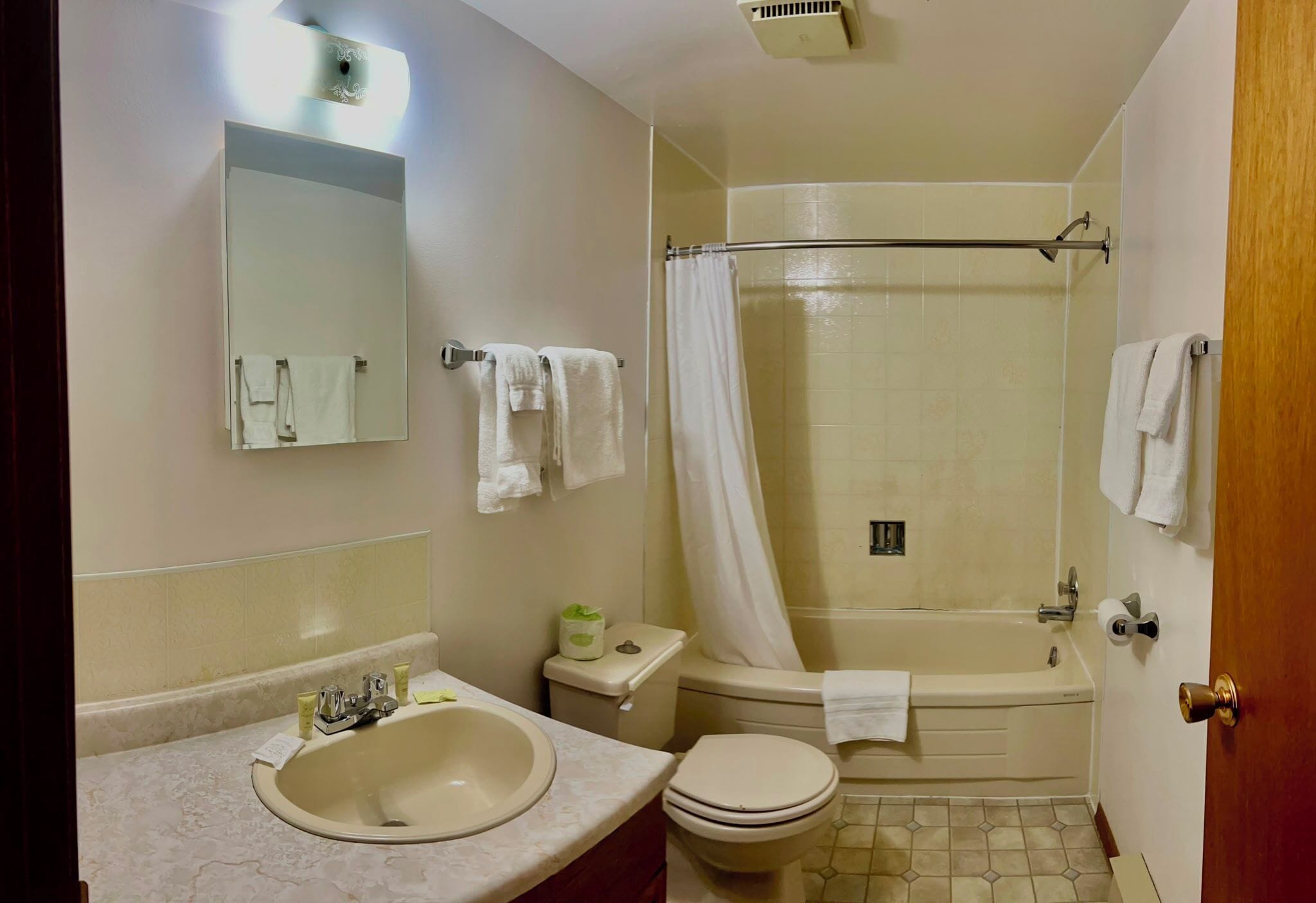 Ein Badezimmer mit Waschbecken, Toilette und Duschbereich.
