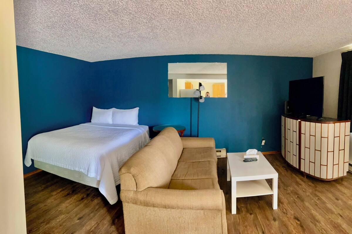 Quarto de hotel com uma cama, um sofá, uma mesinha, uma televisão e um armário.
