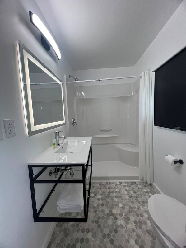 Baignoire, articles de toilette (gratuits), séchoir à cheveux