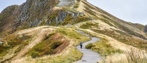 A person walking on a gravel path with a mountain in the background.