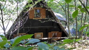 Eine Holzhütte mit einem Dreiecksdach, umgeben von dichtem Grün.