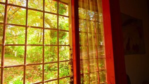 Ein Fenster mit Gittermuster, einem Vorhang und Blick auf eine grüne Außenanlage.