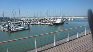 Un port de plaisance où sont amarrés de nombreux bateaux, une promenade en bois et un ciel dégagé.