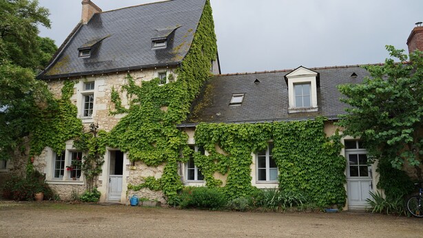 A stone building with ivy-covered walls and a sloped roof. - GITE DE LA BRETAUDERIE 6/8 PEOPLE NEAR ANGERS (RIVES DU LOIR EN ANJOU)