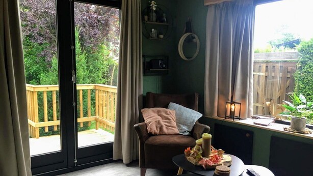 A cozy room with a sliding glass door leading to a wooden deck, a comfortable chair with cushions, a small table with a remote control, and a potted plant. - Chalet With Balcony in Veluwe (Garderen)