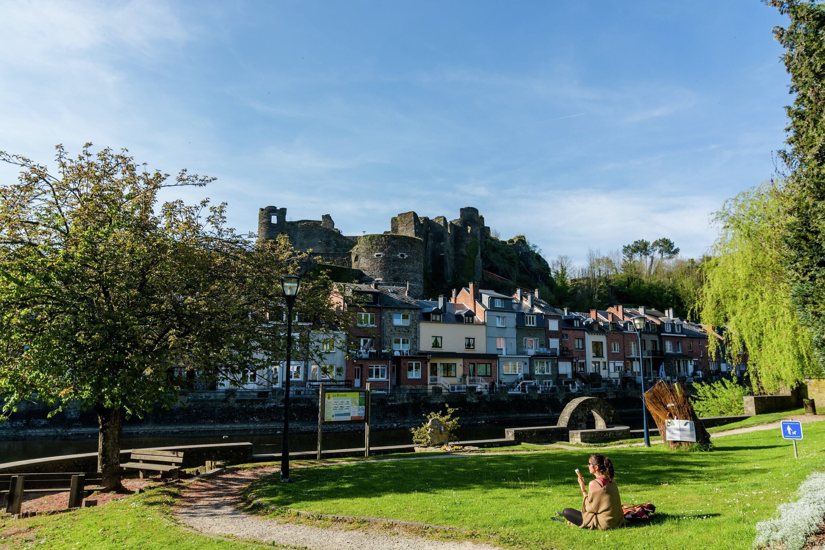 A historic castle on a hill overlooking a town with a river.