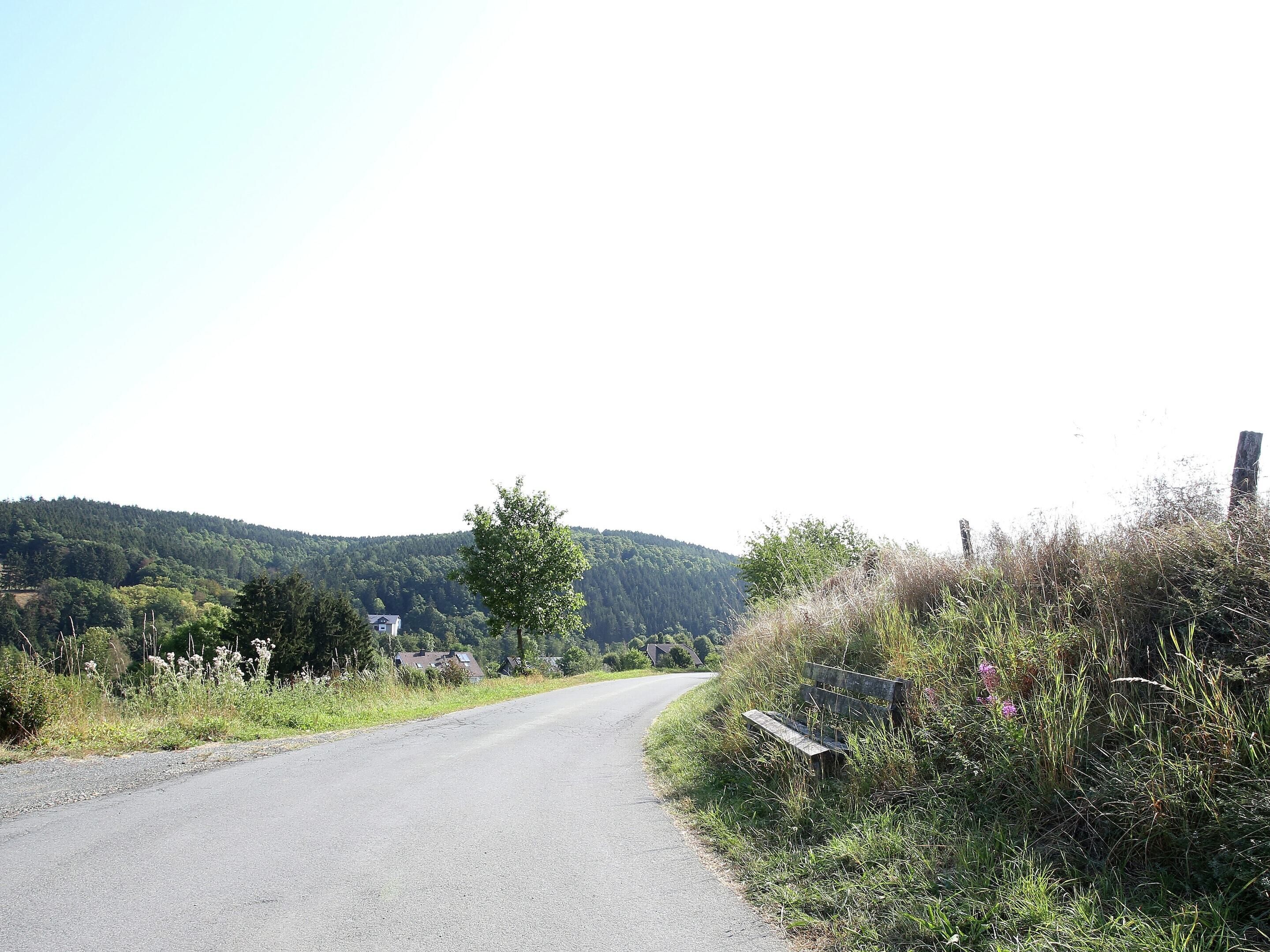Un camino rural serpentea por un paisaje montañoso, con un banco y una valla de madera a la derecha.