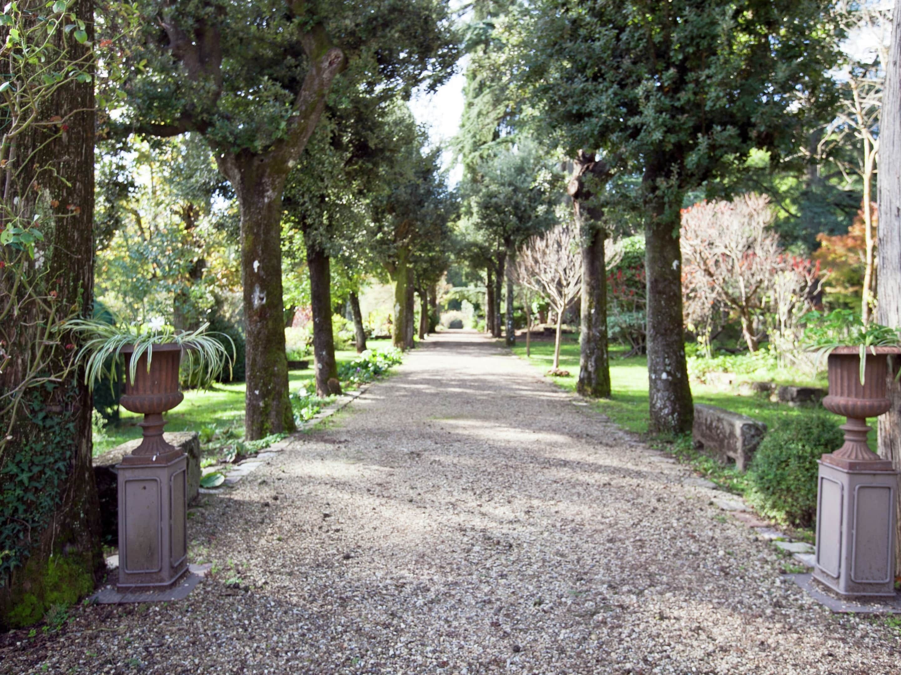 A gravel path flanked by trees and two large urns on either side.