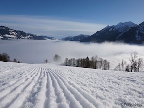 Schneegepäckte Landschaft mit freier Sicht auf Berge und einen See.