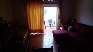 Un salon comprenant un canapé, un fauteuil et un téléviseur. Une porte coulissante donne sur un espace extérieur où se trouve un fauteuil.