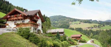 Un chalet de dos pisos con balcones decorados con flores, rodeado de exuberante vegetación y un camino sinuoso.