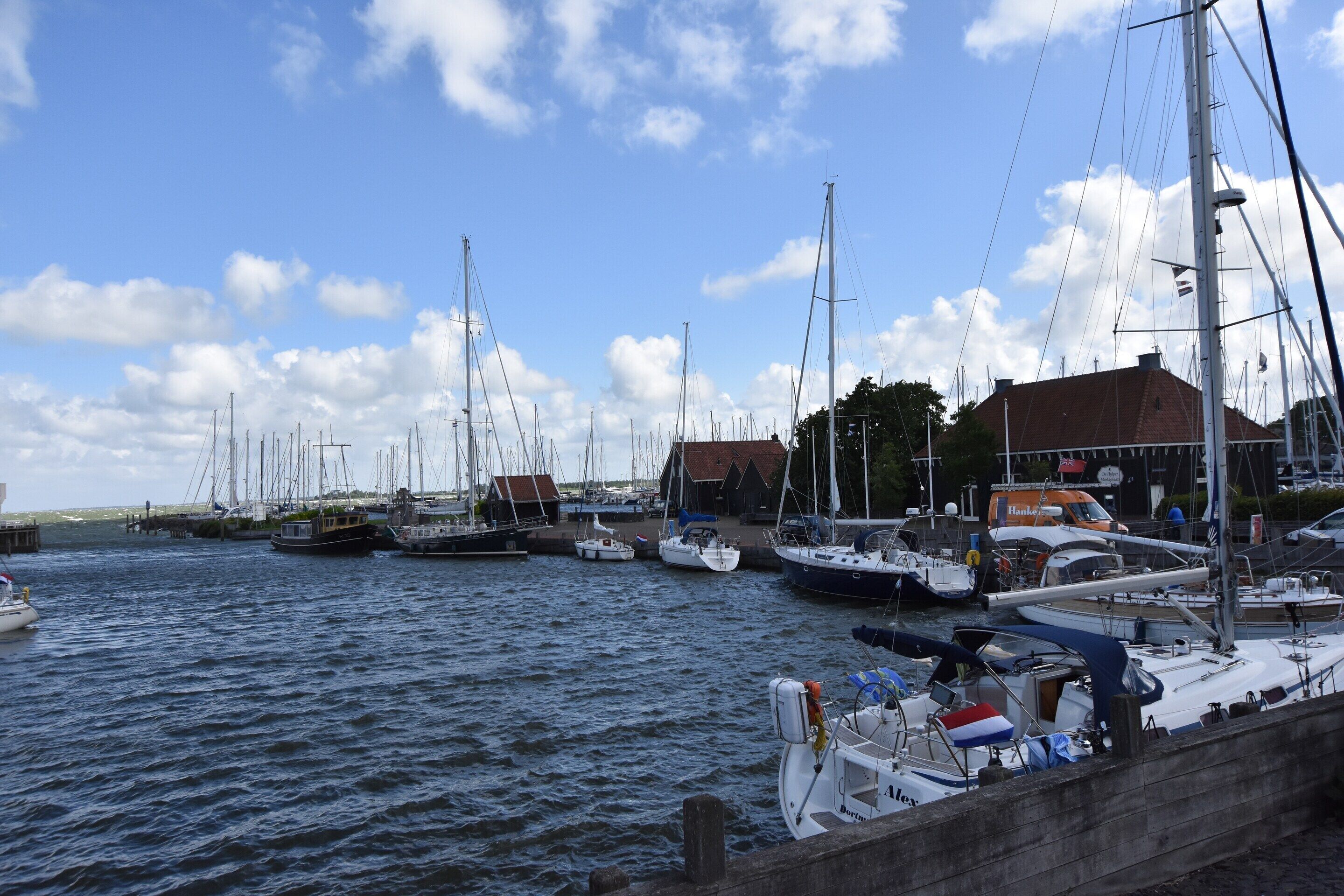 A marina with multiple sailboats docked, a building with a red roof, and calm water.