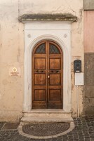 Puerta doble de madera con un panel de vidrio, enmarcada en un arco de piedra, sobre un acceso adoquinado.
