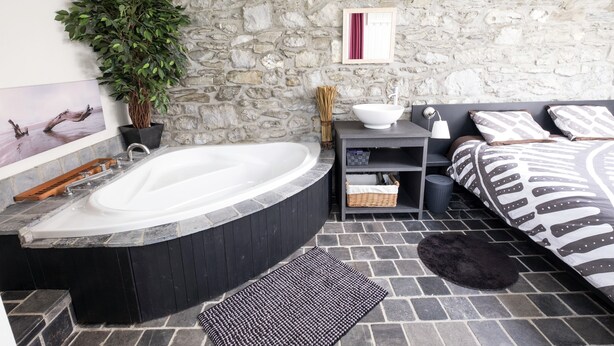 Un baño con pared de piedra, bañera, lavabo, espejo y planta en maceta.