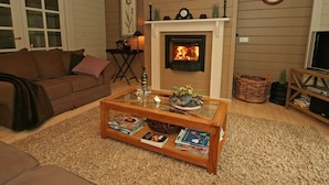 Una sala de estar acogedora con chimenea, un sofá, una mesa de centro con revistas y un televisor sobre un soporte de madera.