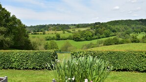 Paesaggio verde e rigoglioso con dolci colline e un siepe in primo piano.
