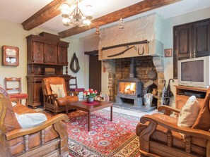 Un salon traditionnel avec une cheminée en pierre, des meubles en bois et un téléviseur.