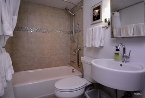 Combined shower/tub, hair dryer, shampoo