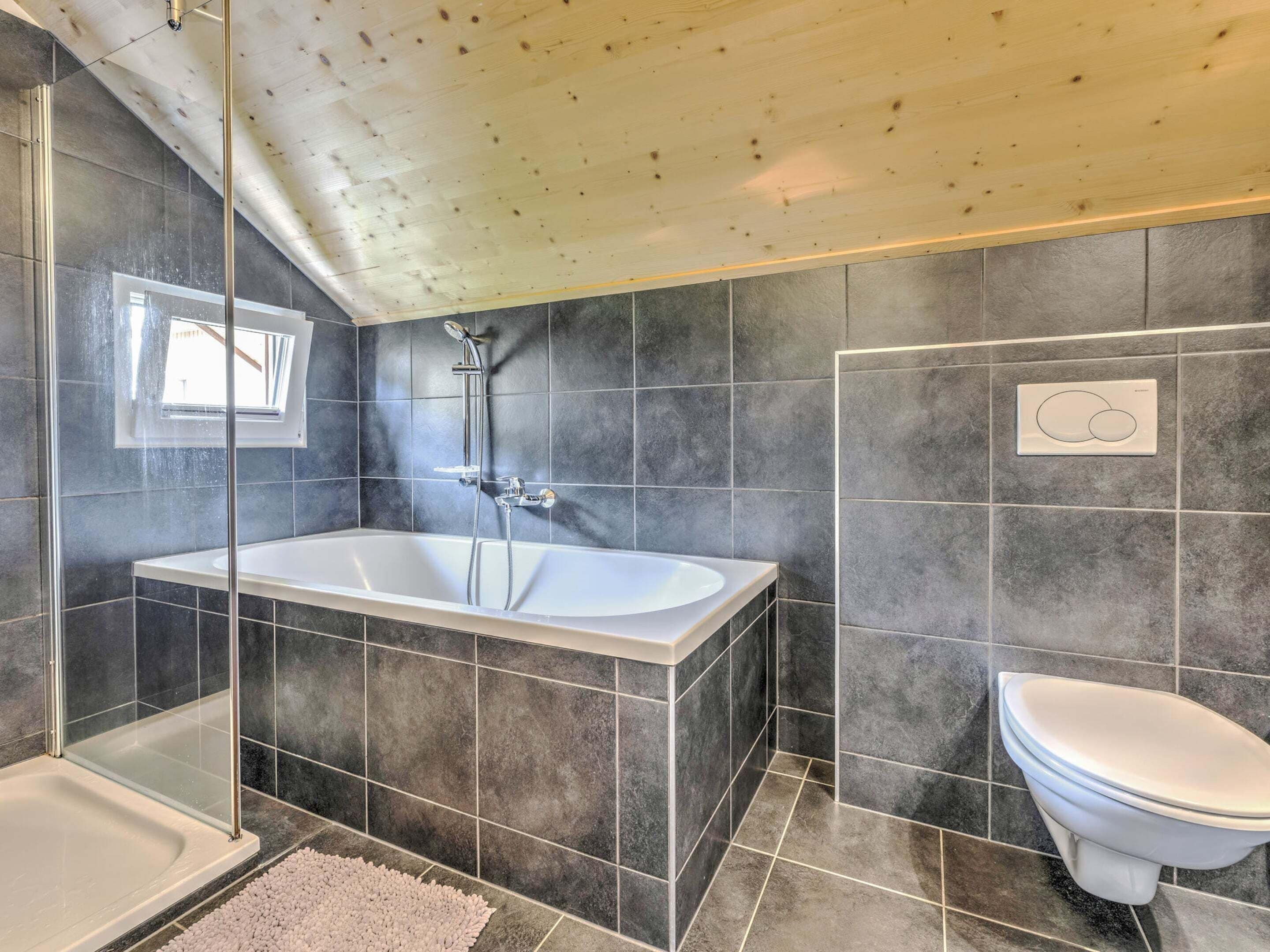 A modern bathroom with a bathtub, shower, and toilet.
