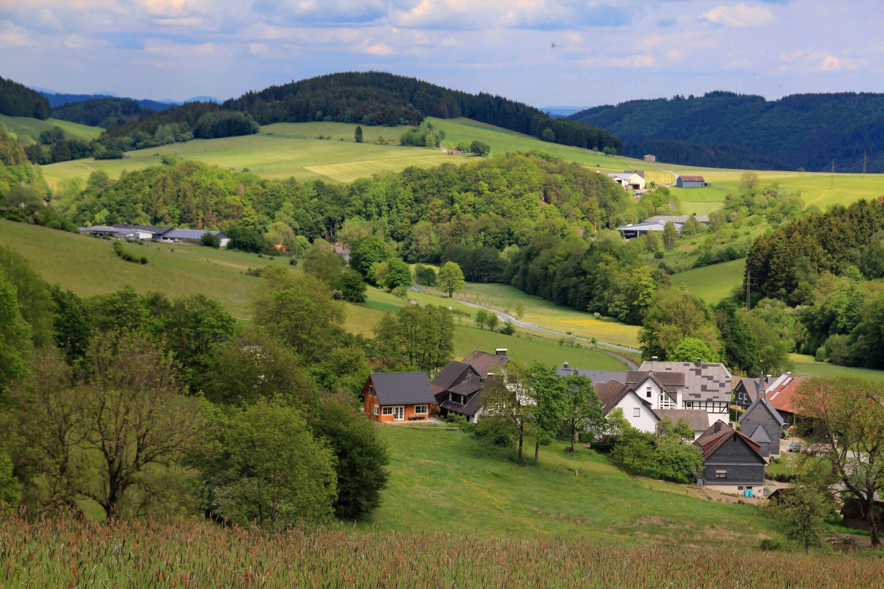 A rural landscape with houses and fields.