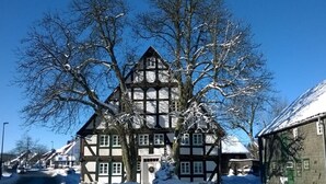 Een traditioneel vakwerkhuis met een steil dak, omringd door met sneeuw bedekte bomen en een heldere blauwe lucht.