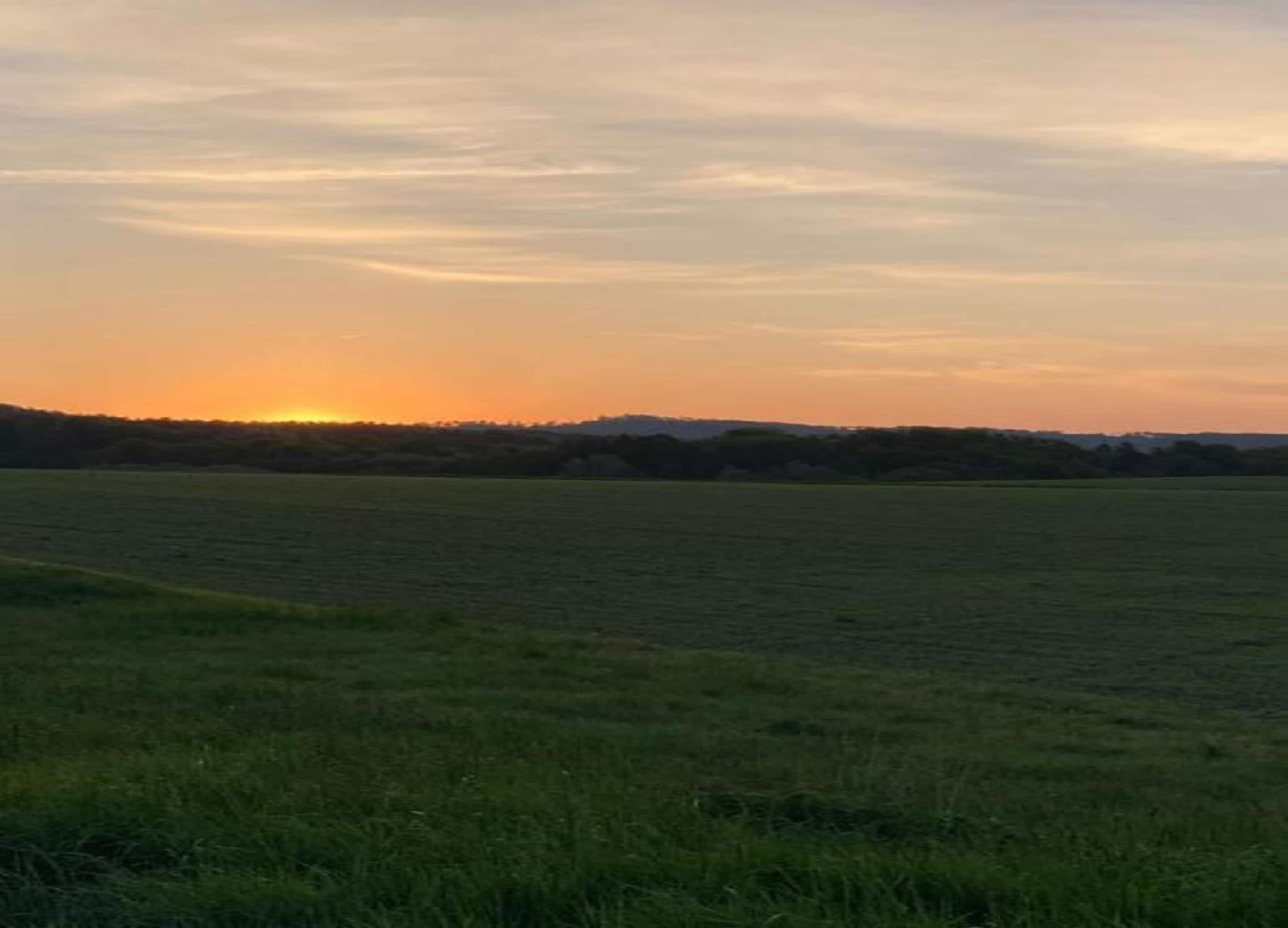 Een uitgestrekt veld met een zonsondergang in de verte.