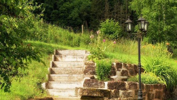 Un escalier en pierre menant au sommet d’une colline verdoyante, entouré d’une végétation luxuriante et agrémenté d’un lampadaire de style traditionnel.