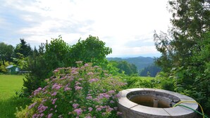 A stone well with a hose, surrounded by lush greenery and pink flowers, set against a backdrop of hills and a clear sky. - Geraumige Ferienwohnung in Stocking in Waldnahe (Waldkirchen)