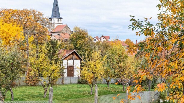 A rural village with a church, a small wooden house, and autumn foliage. - Holiday Home in Thuringia With Private Terrace, use of a Garden and Pool (Roemhild)