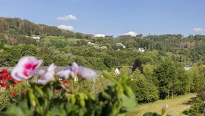 A rural landscape with scattered houses on a hillside, surrounded by dense forest. - Hillside Cottage Near Winterberg (Hallenberg)