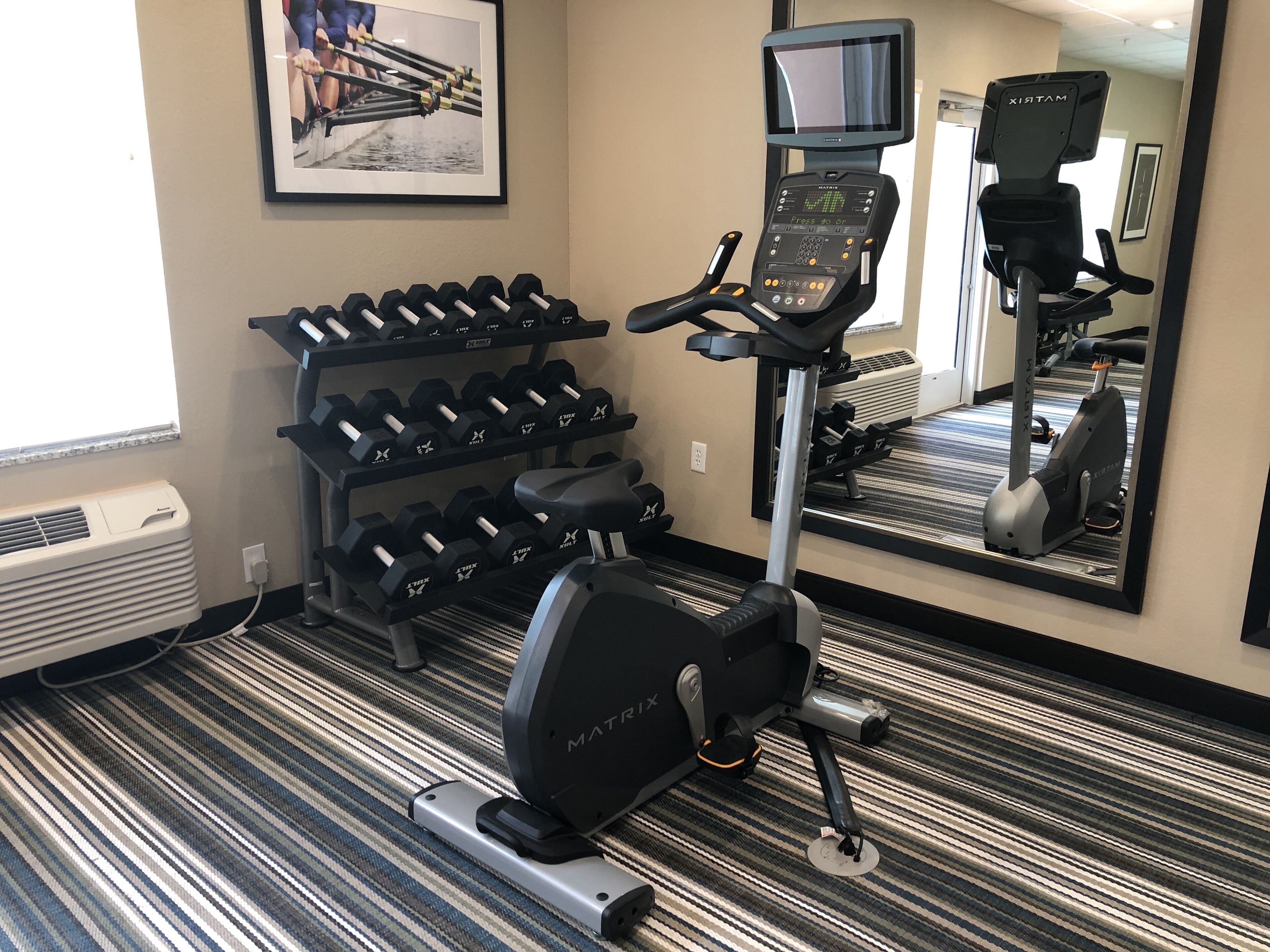 A gym with a treadmill, dumbbells, and a mirror.