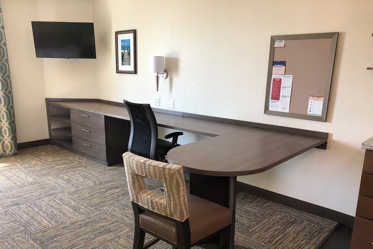 Desk, laptop workspace, blackout curtains, iron/ironing board