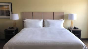 A hotel room with a large bed, two bedside tables with lamps, a clock, and a painting on the wall.