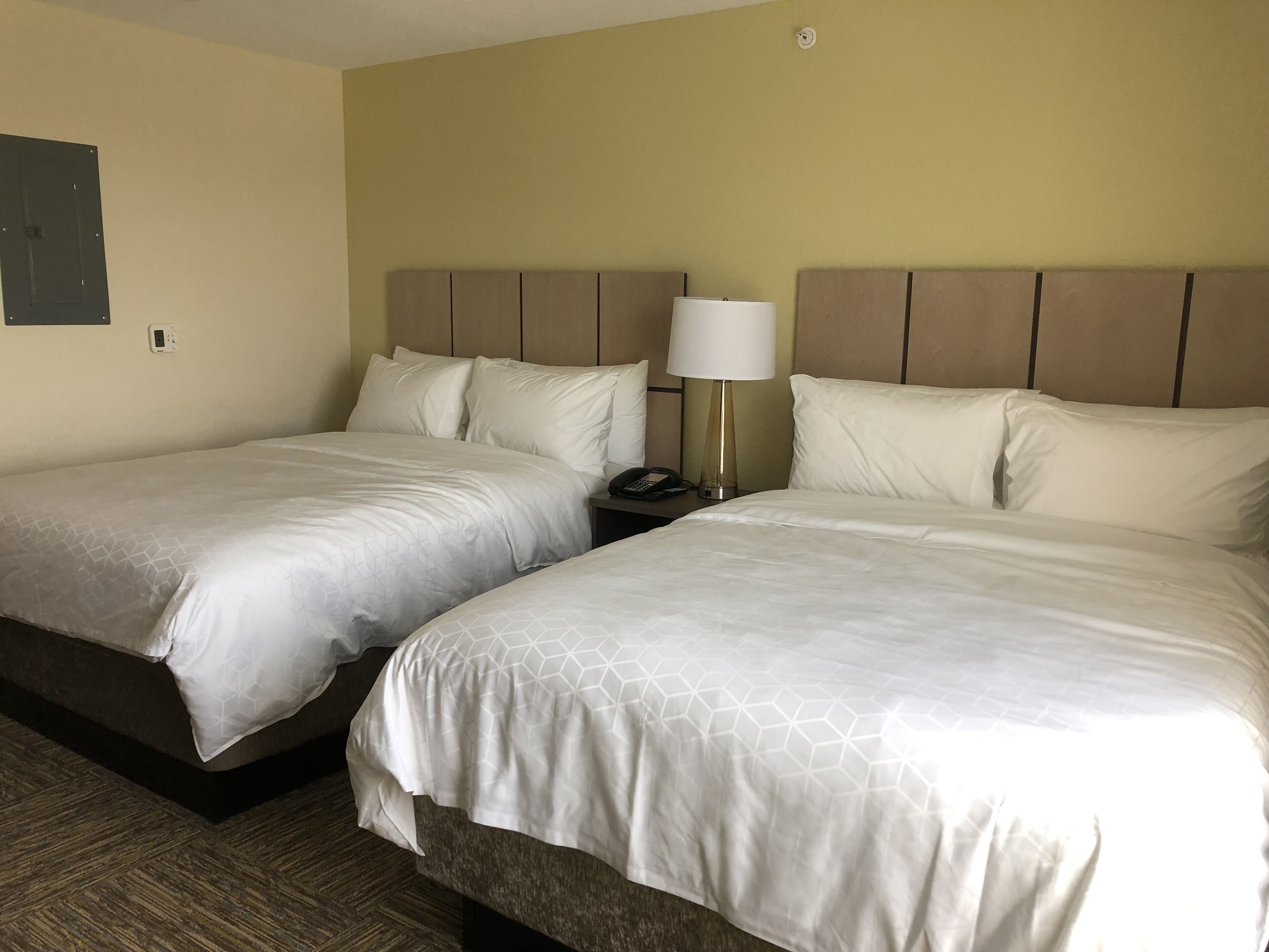 Une chambre d’hôtel avec deux lits, une table de chevet avec une lampe et un téléphone fixé au mur.