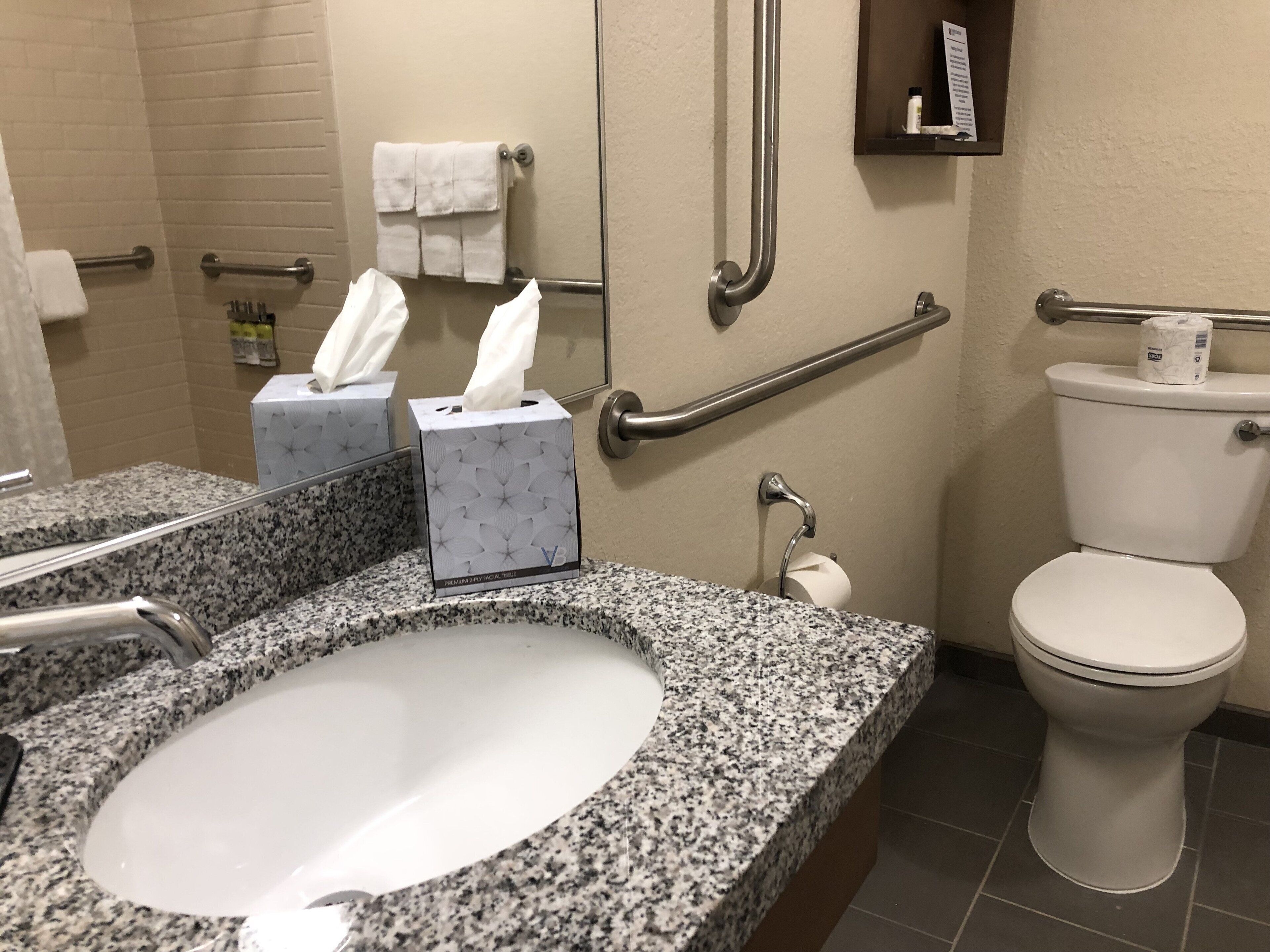 A bathroom with a granite countertop sink, a toilet, a handrail, a towel rack, and a mirror.