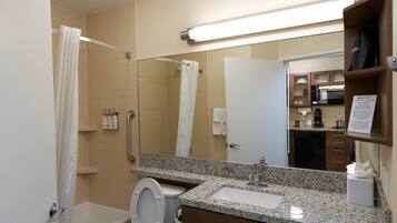 A bathroom with a shower, toilet, sink, and a mirror reflecting a kitchenette area.