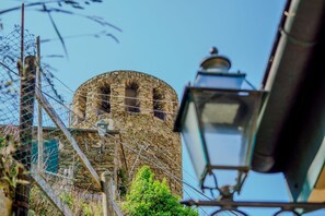 Una torre de piedra con un techo circular y una pequeña ventana, rodeada por una cerca de alambre y follaje.