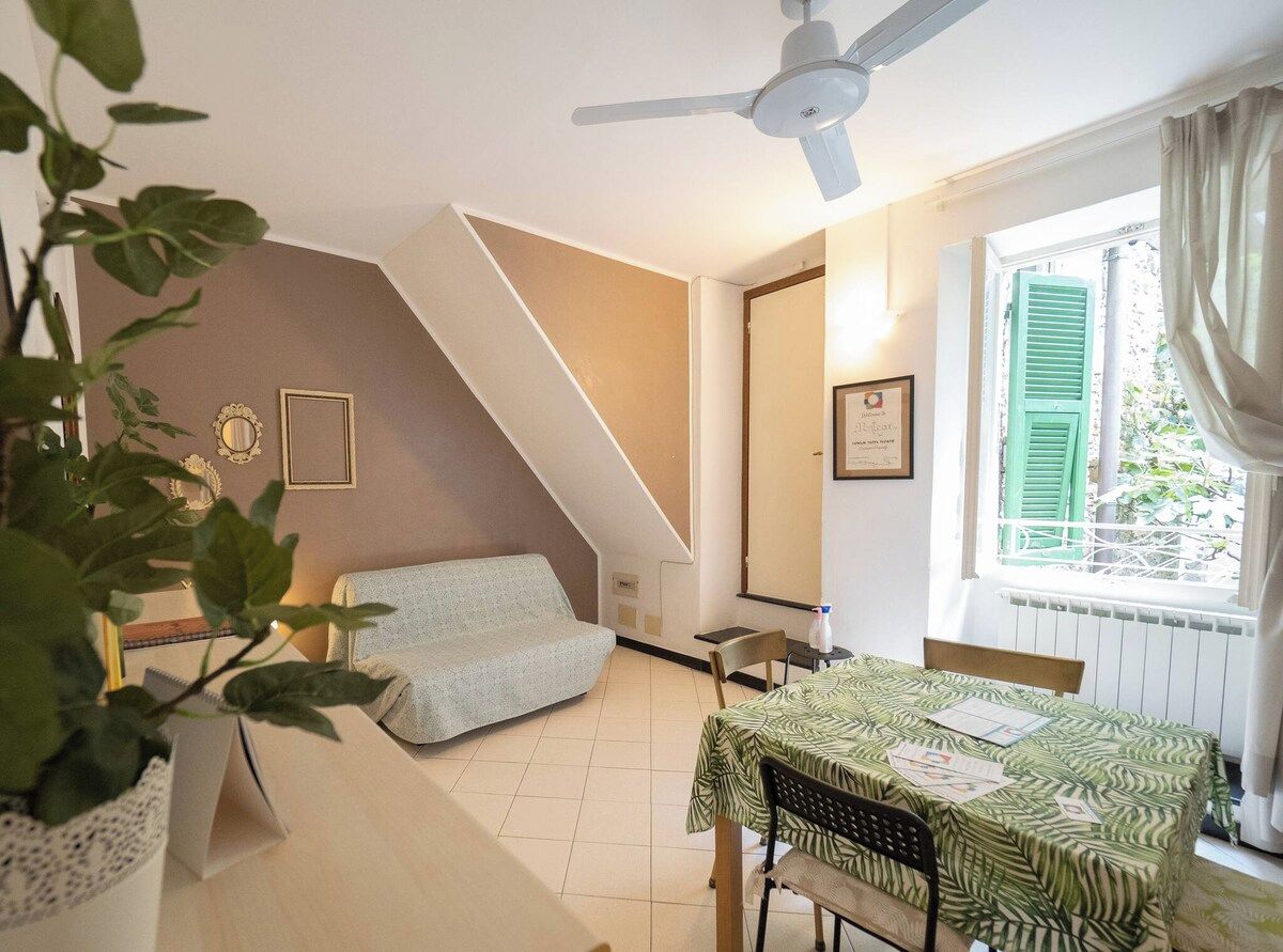 A room with a bed, a table with papers, a ceiling fan, a window with curtains, and a plant.