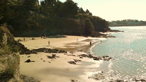 A beach with rocky areas, people walking, and a forested cliff. - COTTAGE DE LA MER, Cottage de la mer 1st floor Comfort range 3 stars  (St Jacut de la Mer)