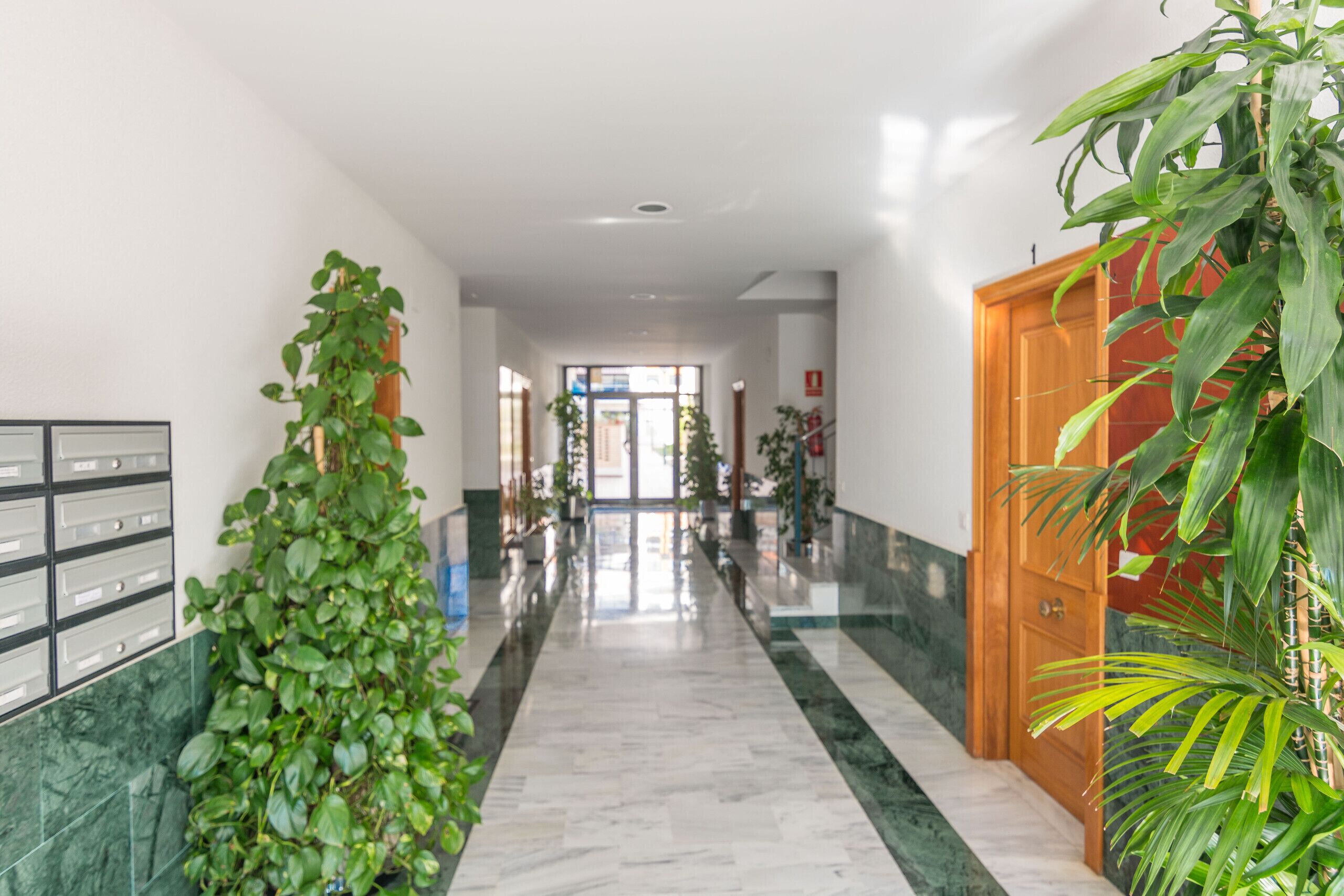 Een hotelgang met een marmeren vloer, houten deuren en groene planten.
