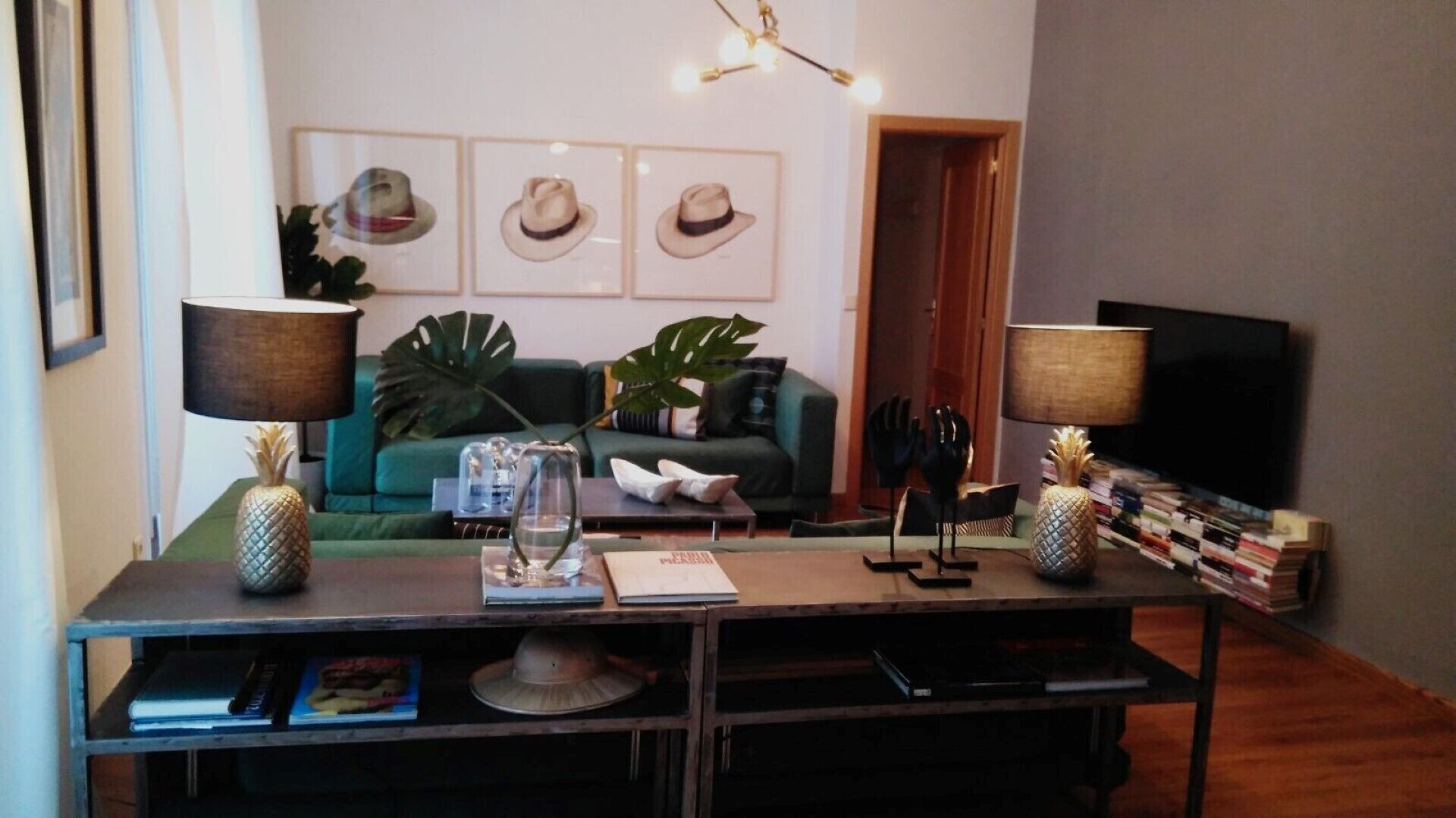 Un salon avec un canapé, une table basse et un téléviseur. Des chapeaux encadrés sont accrochés au mur et une plante est posée sur le canapé.