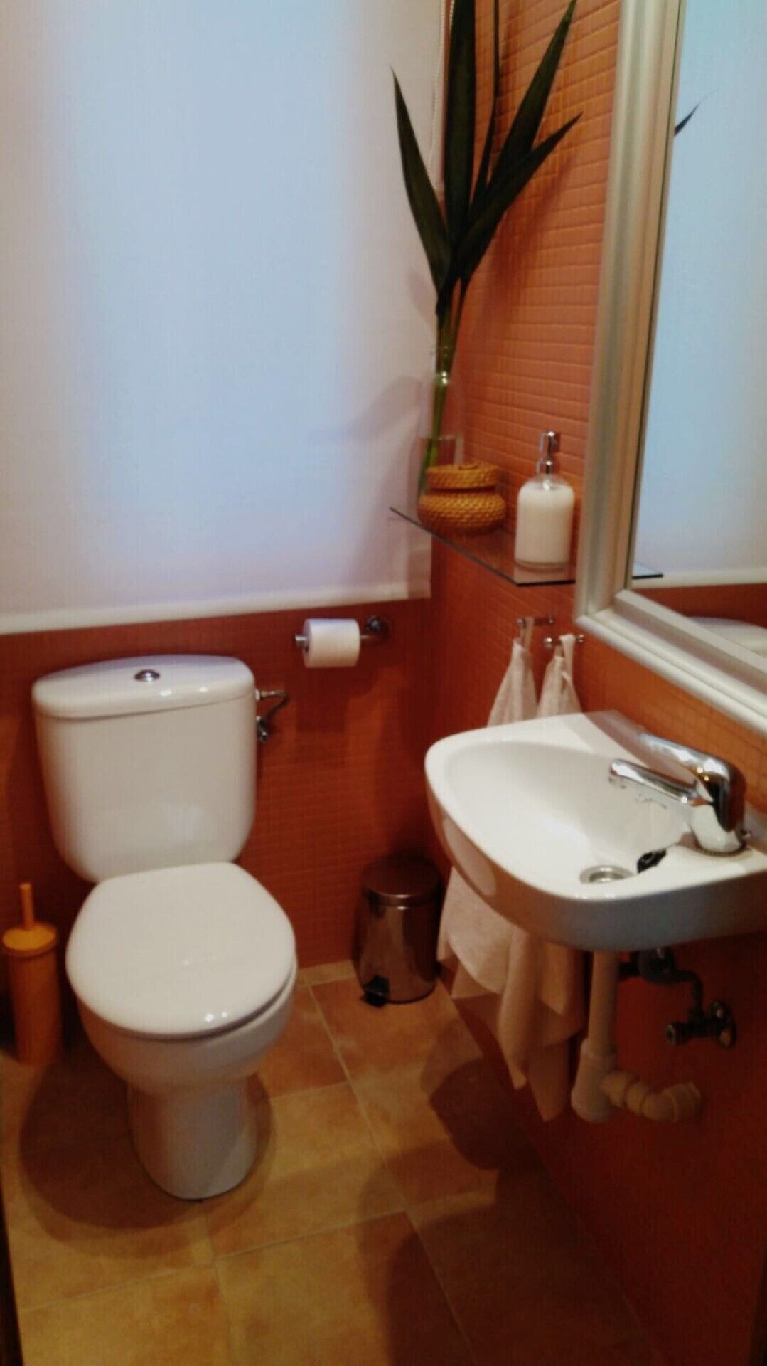 Une salle de bain avec des toilettes, un lavabo et un miroir.