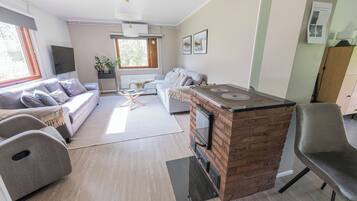 Una televisión, una chimenea