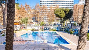 Una piscina con solárium empedrado, rodeada de palmeras y un edificio al fondo.
