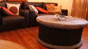 Flat-screen TV, fireplace, DVD player, books