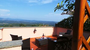 An outdoor patio with wicker furniture, a table with a bottle and glasses, and a view of distant mountains.