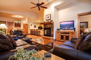 Flat-screen TV, fireplace